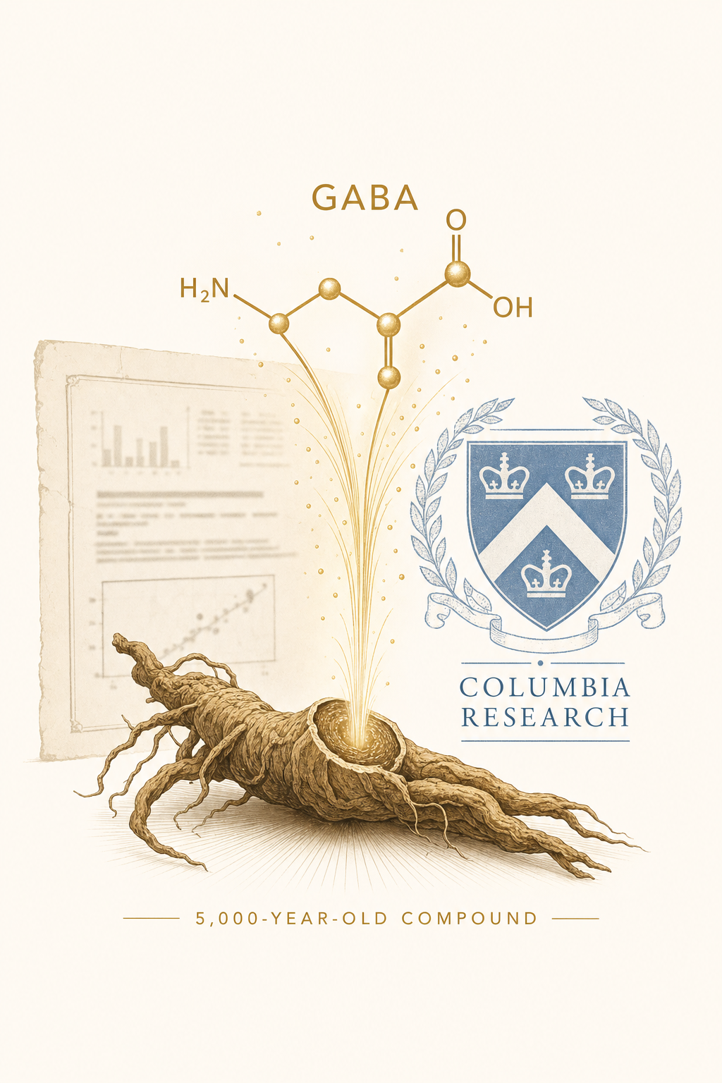 Editorial infographic teasing a 5,000-year-old compound, a dried ashwagandha root with a glowing gold GABA molecule rising from it over an aged research page with a subtle Columbia nod, no people and no product
