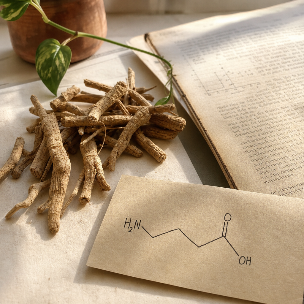 Dried ancient ashwagandha root beside an aged research page and a hand-drawn GABA molecule card, a 5,000-year-old compound rediscovered by science