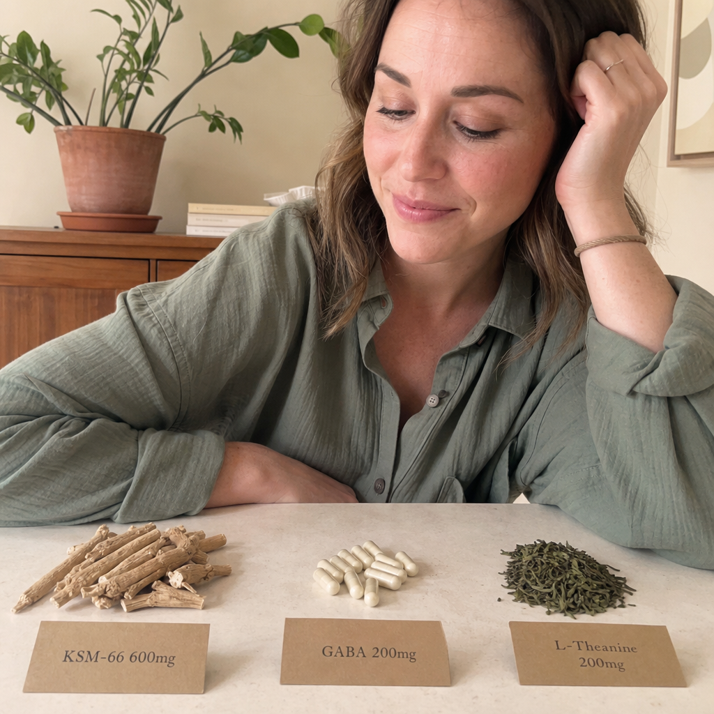 Three ingredient groupings on cream, ashwagandha root with a KSM-66 600mg card, GABA capsules with a 200mg card, and green tea leaves with an L-Theanine 200mg card, no product pouch