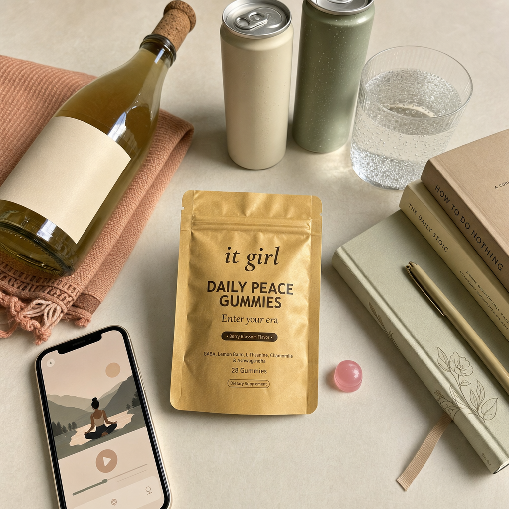 Flat-lay of the swaps that never worked, an alcohol-free wine bottle, adaptogen drink cans, sparkling water, a meditation app and a workbook pushed aside, the gold Daily Peace pouch chosen forward