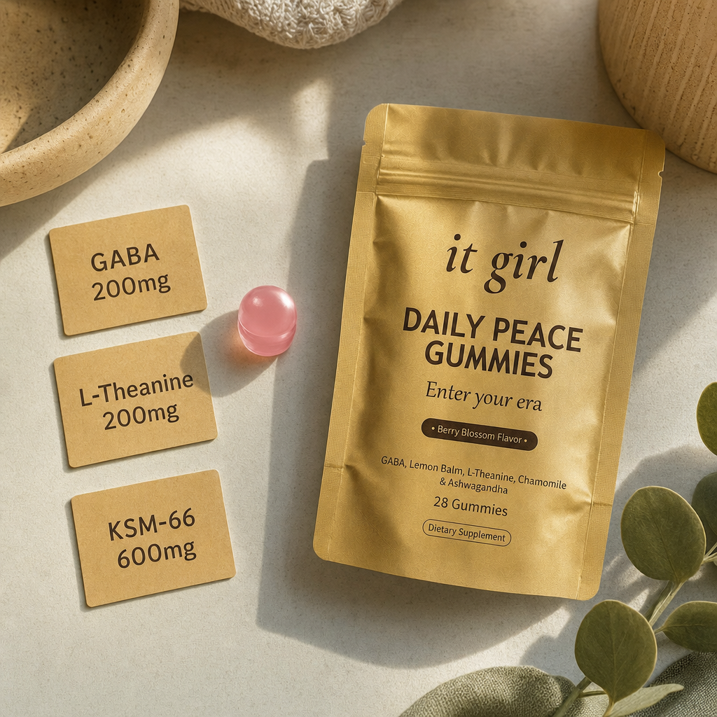 Three warm dose cards reading GABA 200mg, L-Theanine 200mg and KSM-66 600mg beside a single gummy and the gold Daily Peace pouch on cream, the studied doses