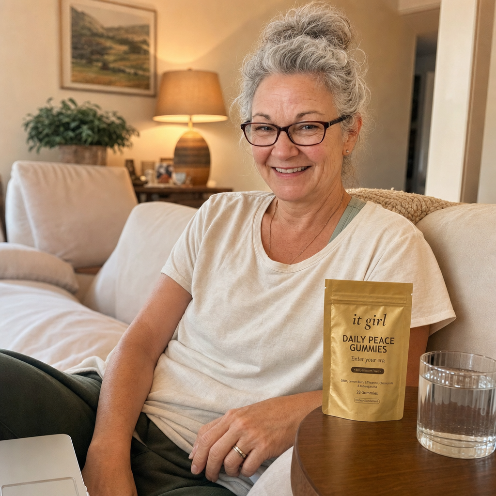 The same woman relaxed on her couch in the early evening, laptop closed, calm and present, the gold Daily Peace pouch and a glass of water on the side table instead of a wine glass