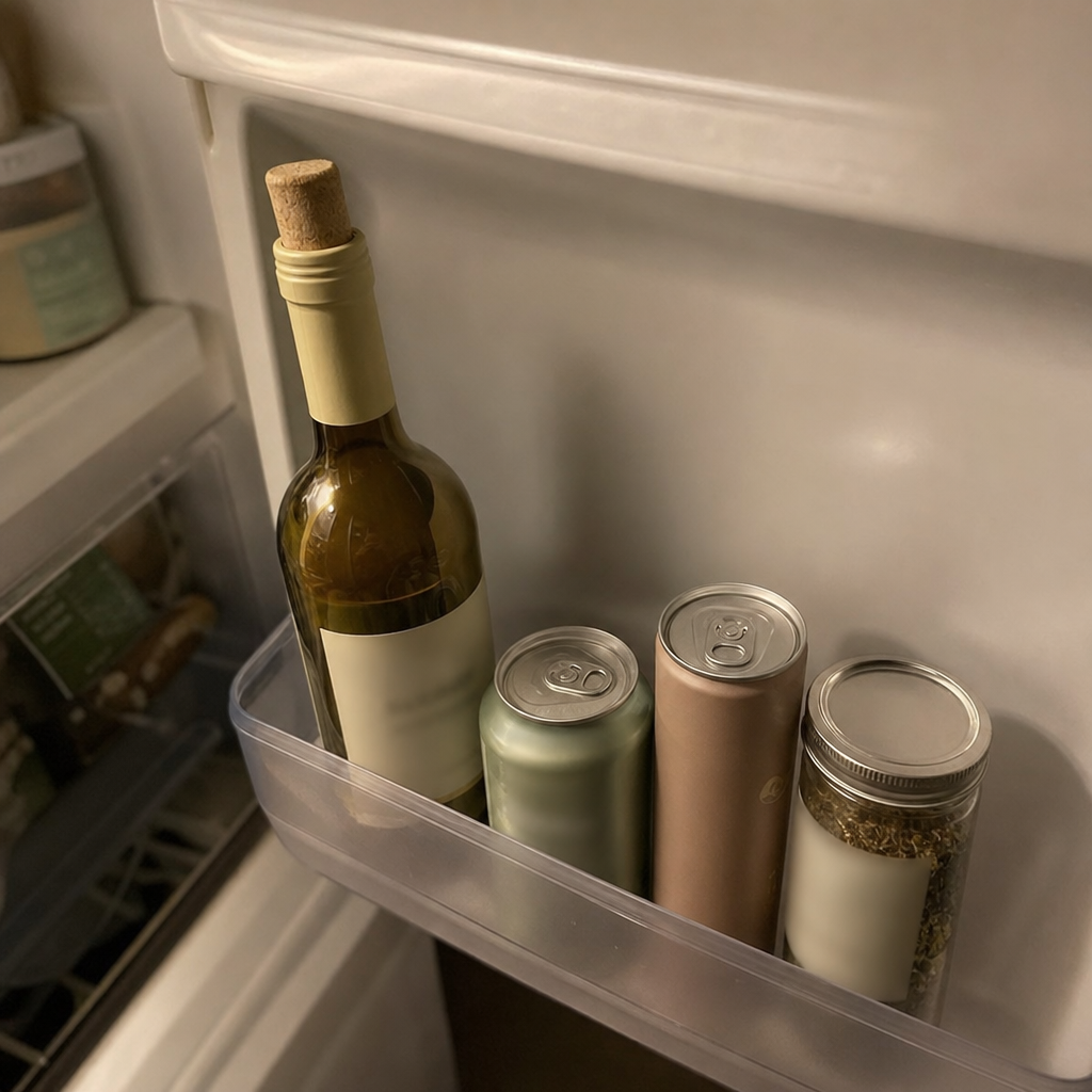 A fridge door at night with an alcohol-free wine bottle still corked, sparkling water and an adaptogen can beside it, all unused