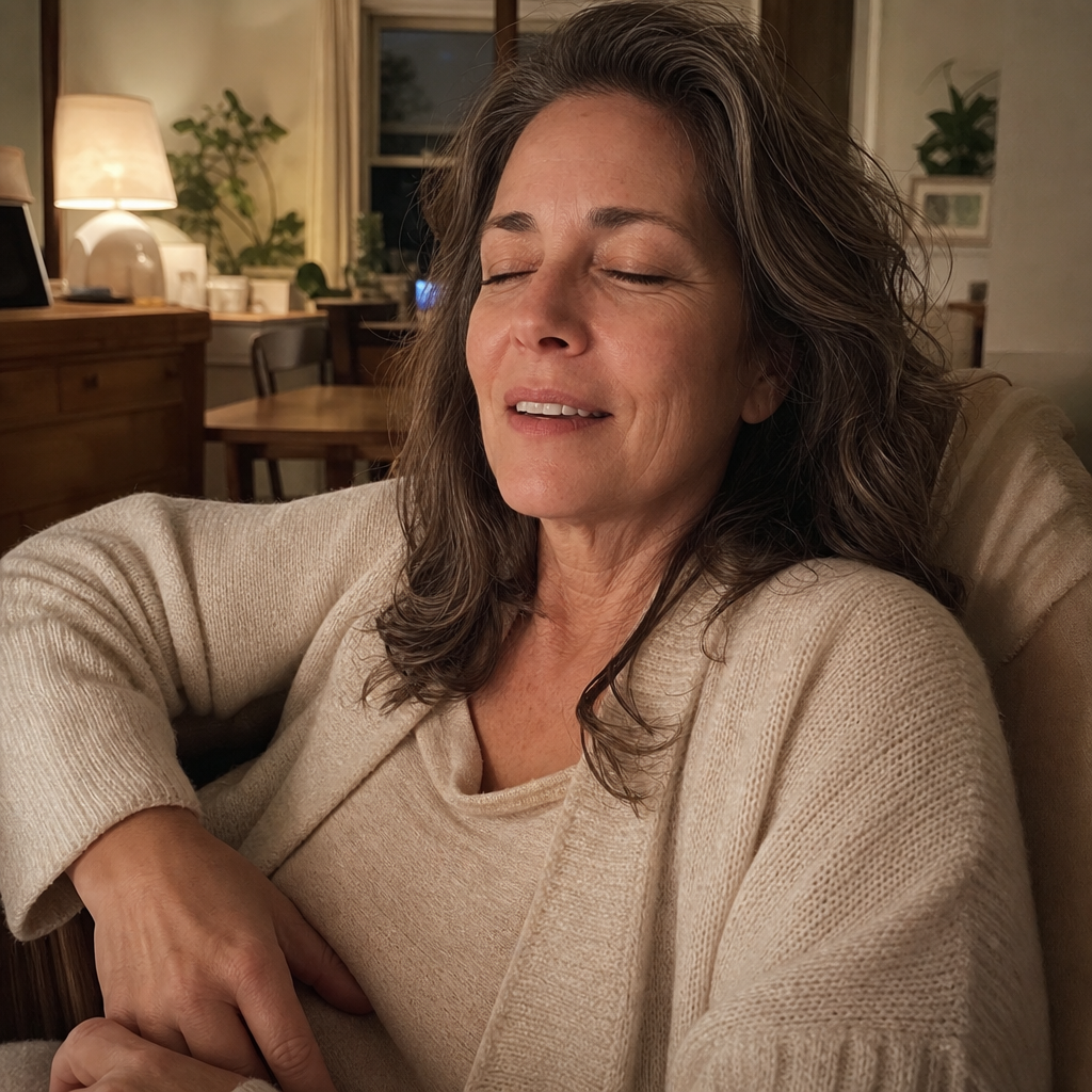 A woman about sixty in warm evening light, shoulders visibly dropping on an exhale, the calm-down signal arriving