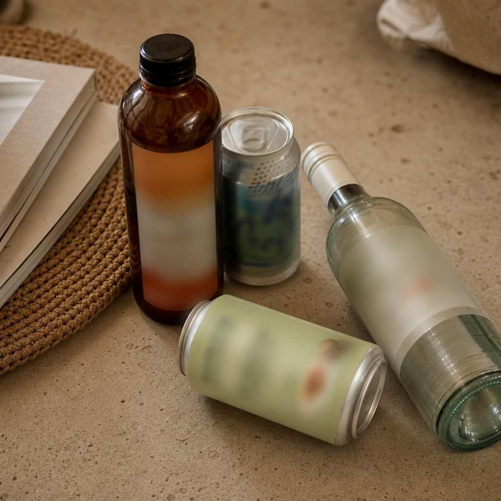 Flat-lay of the abandoned swaps a wine-quitting woman tried, pushed aside and unused, no product chosen yet
