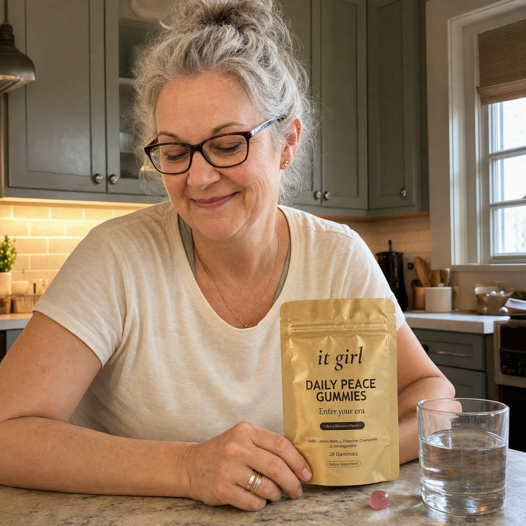 Cristina in her early-evening kitchen taking a calm exhale at the moment the wine pull would hit, hand resting on the gold Daily Peace pouch instead of reaching for a glass