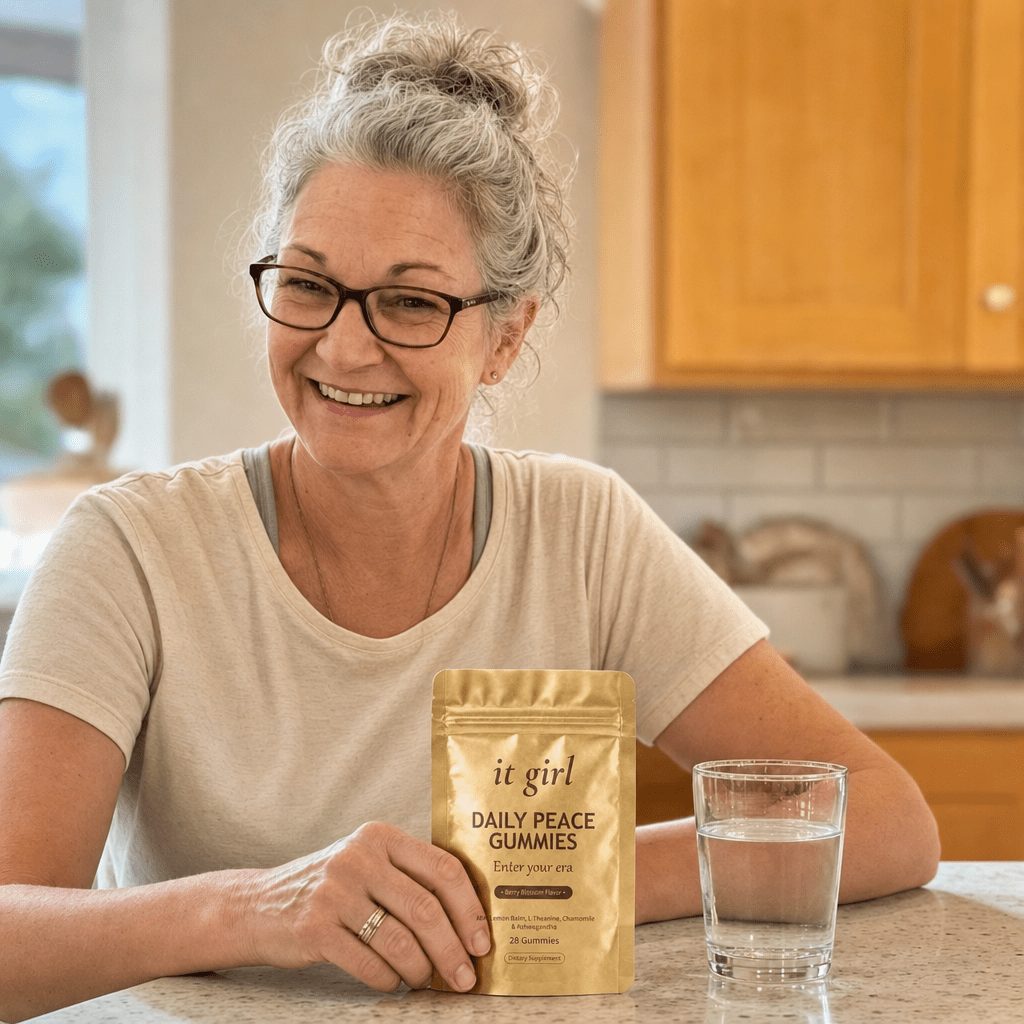 The same woman about sixty in her early-evening kitchen at the moment the wine pull used to hit, resting her hand on the gold Daily Peace pouch and taking a calm exhale instead of reaching for a glass, a glass of water beside her