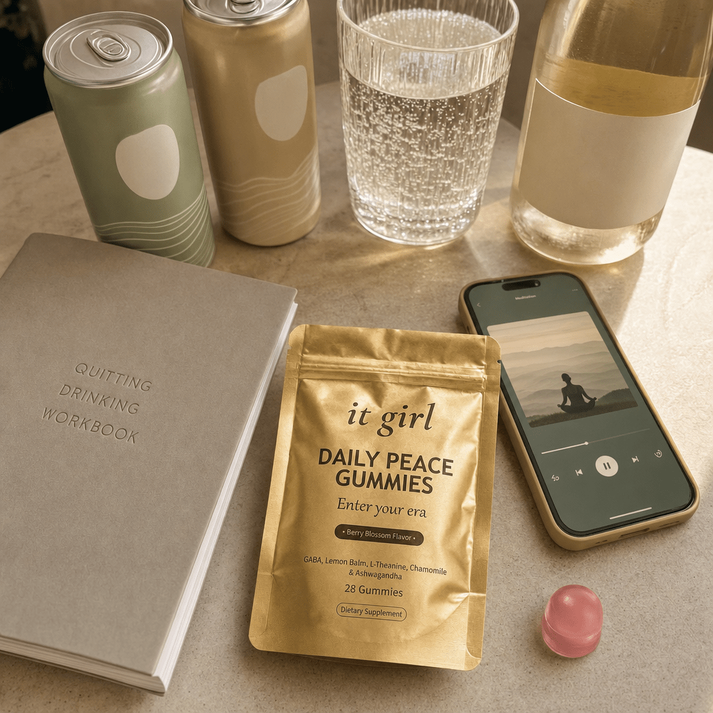 Cream counter of the abandoned wine swaps pushed aside, an alcohol-free wine bottle, two adaptogen drink cans, a glass of sparkling water, a phone showing a meditation app, a quit-drinking workbook, with the gold Daily Peace pouch forward and chosen
