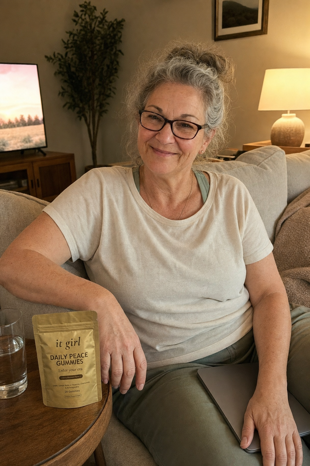 Warm candid evening phone photo of a put-together woman about sixty sitting easy on her own couch, laptop closed, shoulders relaxed, the gold It Girl Daily Peace pouch on the side table beside her and a glass of water, no wine in frame