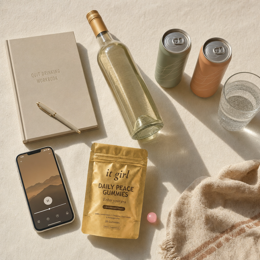 Cream counter of the abandoned wine swaps pushed aside, an alcohol-free wine bottle, two adaptogen drink cans, a glass of sparkling water, a phone showing a meditation app, a quit-drinking workbook, with the gold Daily Peace pouch forward and chosen