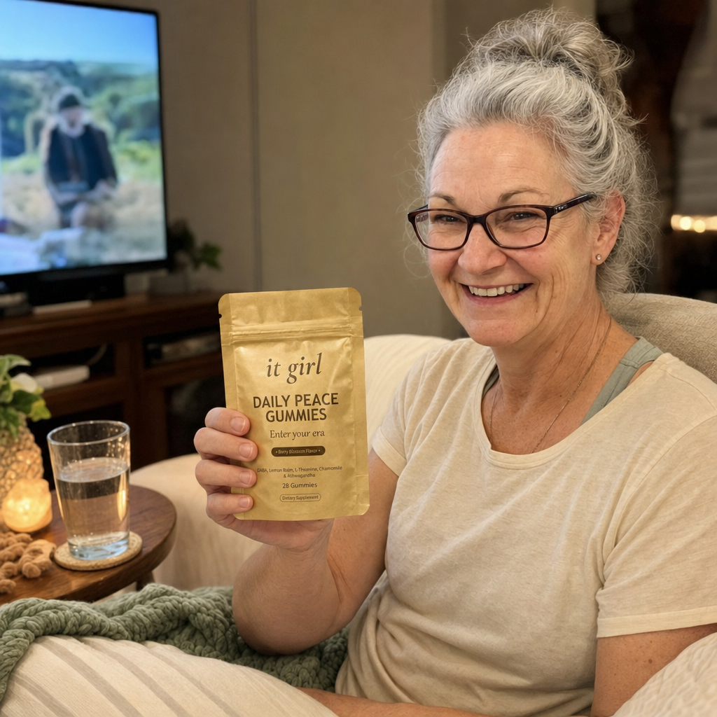 The same woman about sixty back on her own couch on a calm Tuesday night, laptop closed and actually watching the documentary, a soft real smile, the gold Daily Peace pouch and a glass of water on the side table, no wine