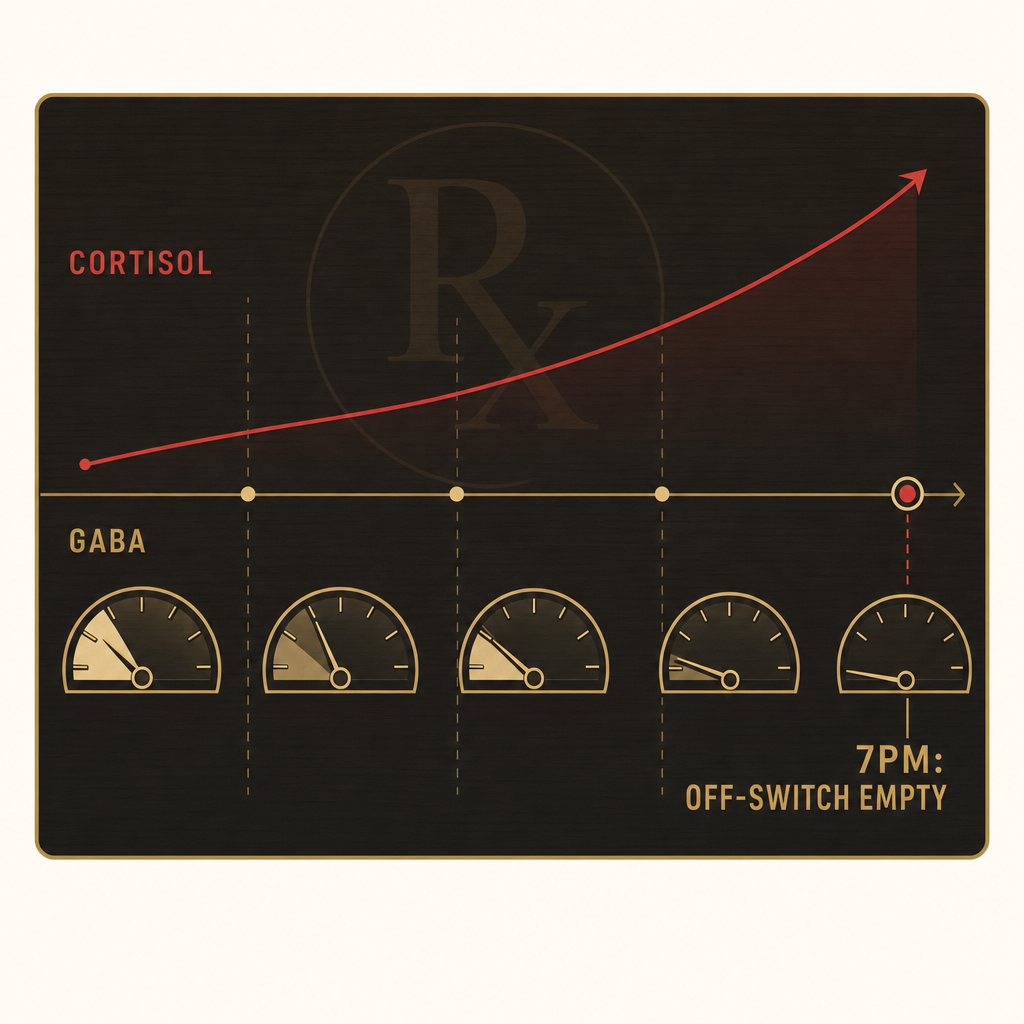 Investigative infographic showing a champagne-gold GABA off-switch gauge draining as a red cortisol line rises across the day, ending nearly empty at 7pm, the rational end-of-day reach