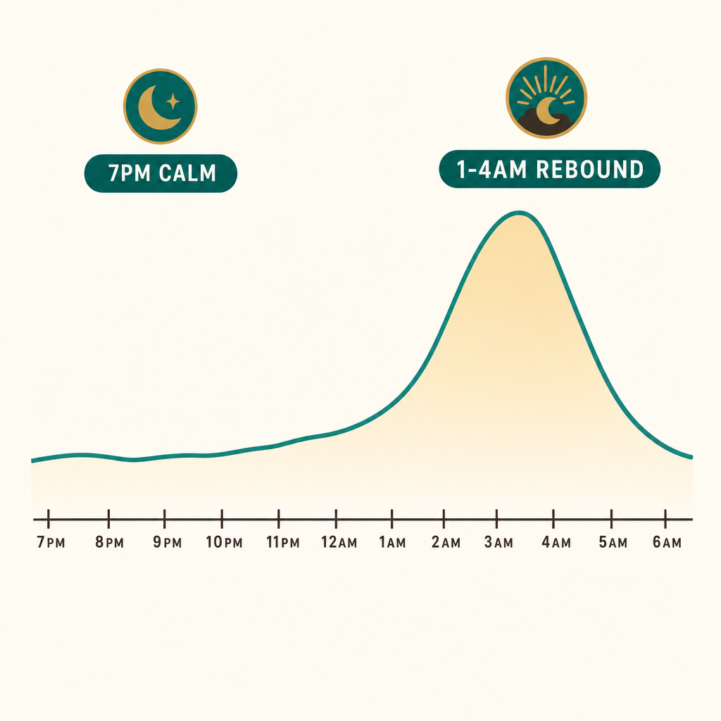 Flat editorial graphic of a night cortisol curve showing 7pm calm dropping then a 1am to 4am rebound spike, the cost of filling the prescription with wine