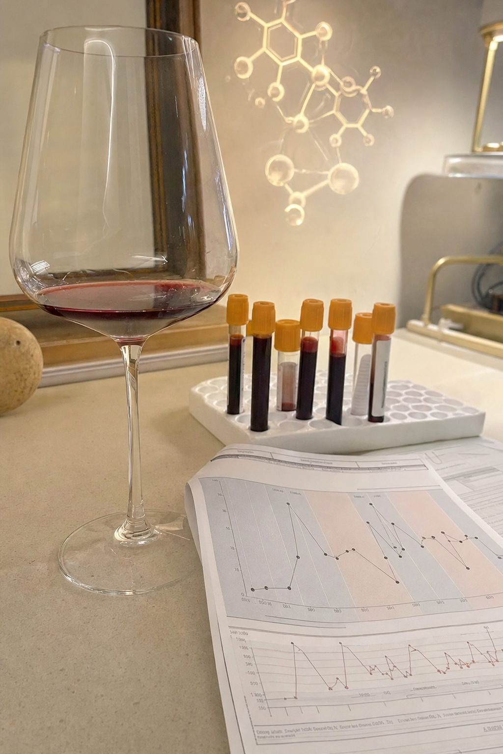 An editorial still visualizing the headline, a glass of red wine beside a rack of labeled blood-sample vials and a cortisol bloodwork chart with a faint gold molecule above, the bloodwork behind the wine reach