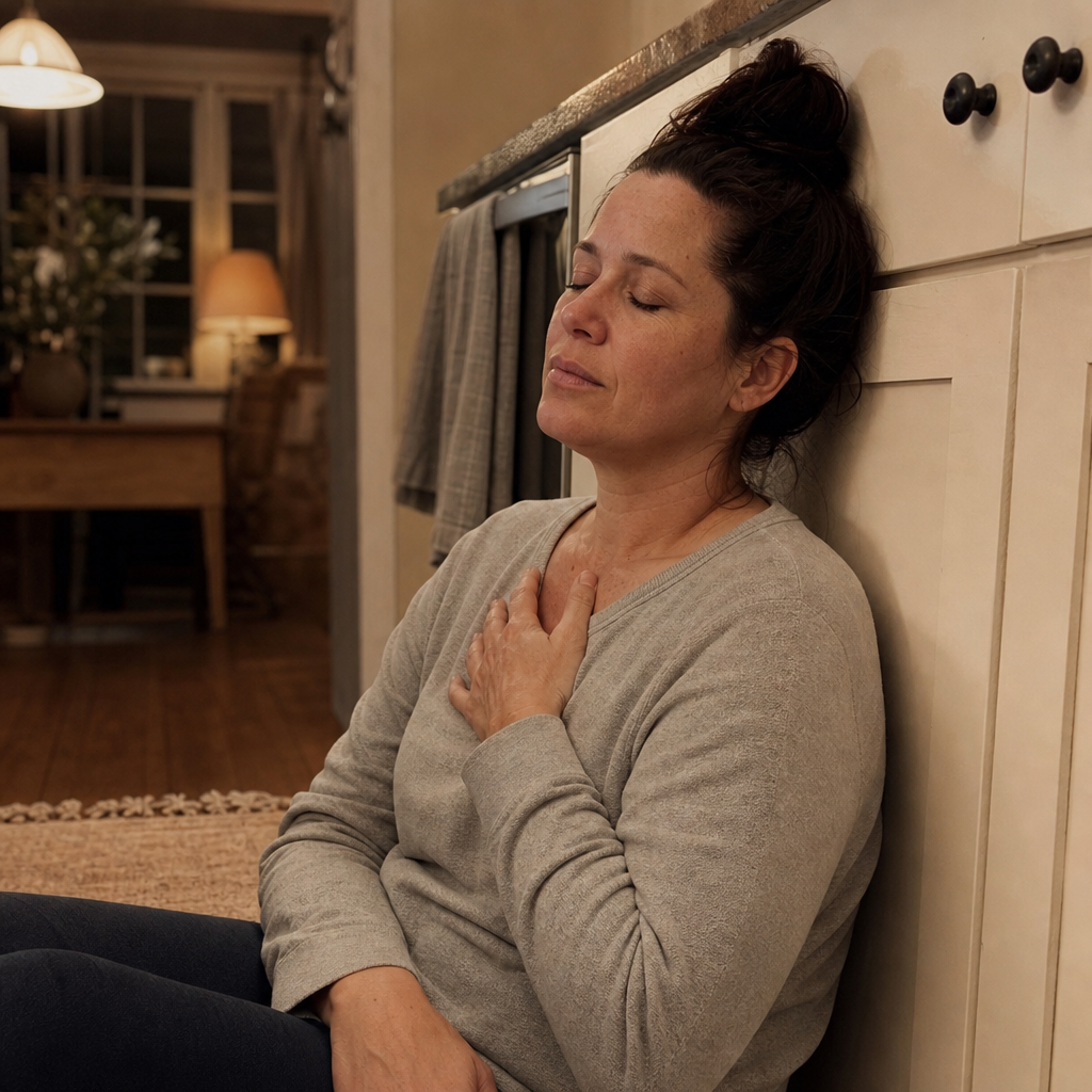 A woman in her forties sitting on the kitchen floor at the end of a long day, shoulders dropping as she exhales, the rational evening reach for relief made human, no judgment