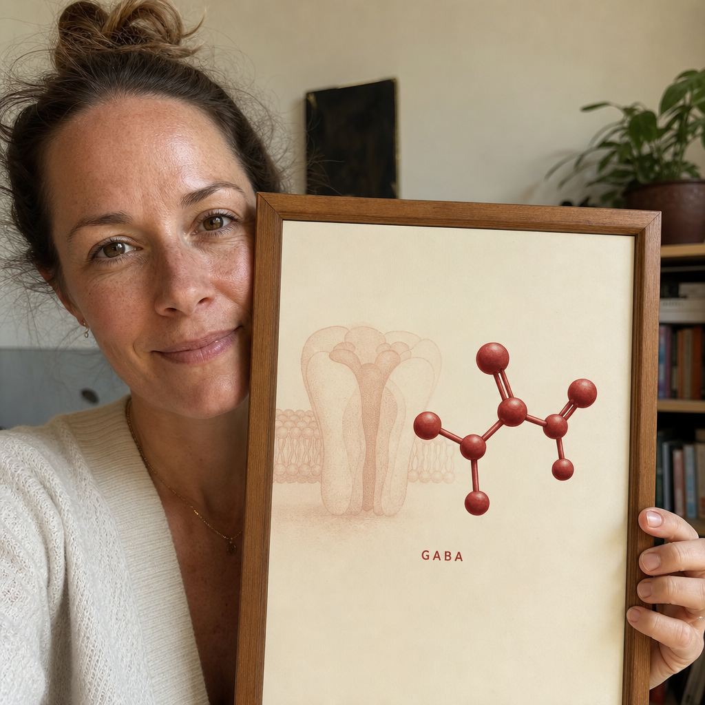 A clean museum-style scientific still of a single red GABA molecule rendered on a soft cream background beside a faint diagram of the GABA-A receptor, the one compound wine is reaching