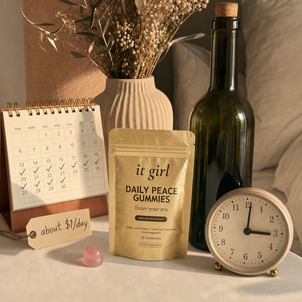 A cost comparison still life, the gold It Girl Daily Peace pouch with a month calendar and an about-a-dollar-a-day tag on one side against one bottle of wine and a bedside clock reading 3:00 on the other