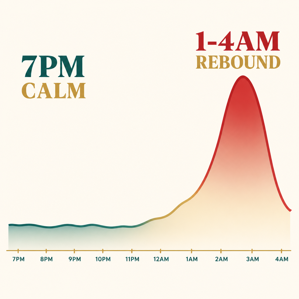 Bold professional editorial infographic of a night cortisol curve, 7pm calm low on the left then a strong crimson 1am-4am rebound spike on the right, magazine science-feature polish