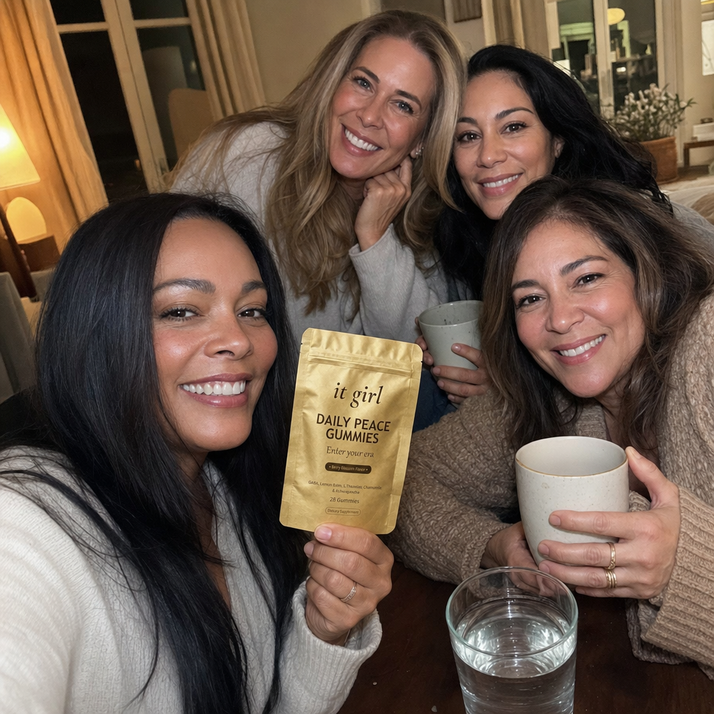 Warm candid group of women in their forties and fifties laughing together in a sunlit room, the gold Daily Peace pouch held in frame, third-party tested and made for women