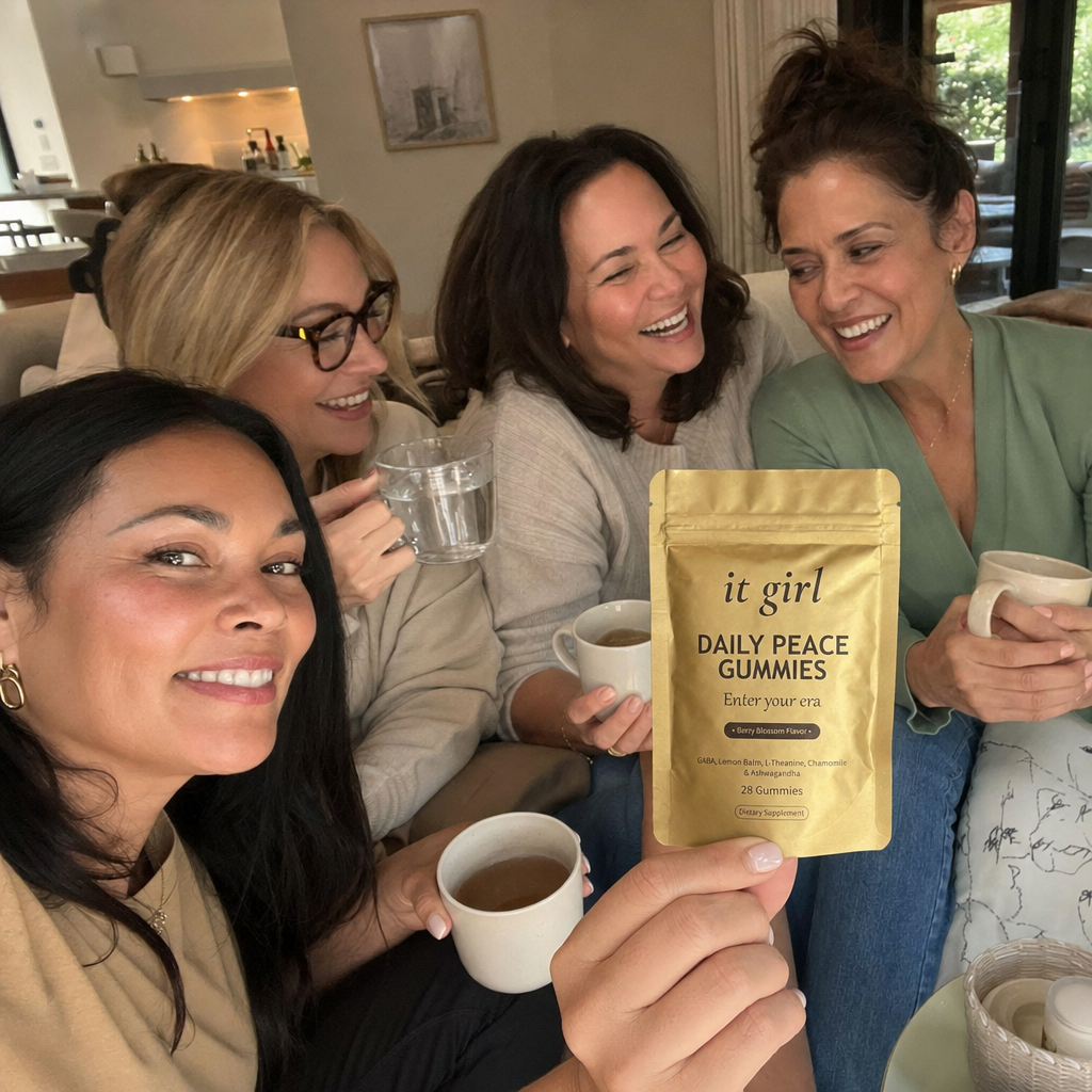 Warm candid group of women in their forties and fifties laughing together in a sunlit room, the gold Daily Peace pouch held in frame, third-party tested and made for women