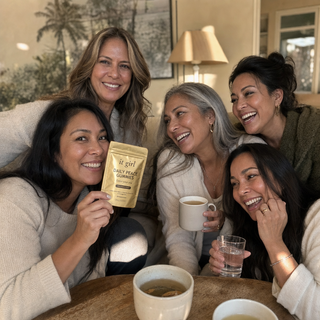 Warm candid group of women in their forties and fifties laughing together in a sunlit room, the gold Daily Peace pouch held in frame, third-party tested and made for women