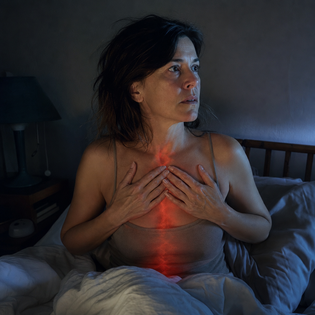 The same woman bolt upright in bed at 3am, hand on her chest, cold blue rim light with a faint red cortisol-surge overlay, the rebound wake-up