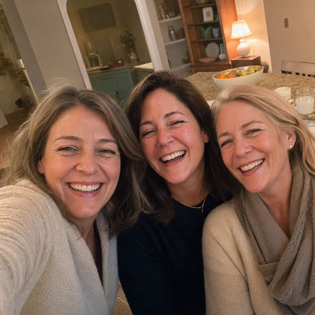 Warm candid group selfie of three women in their forties and fifties laughing together in a cozy evening kitchen, calm and put-together, no wine glass in sight