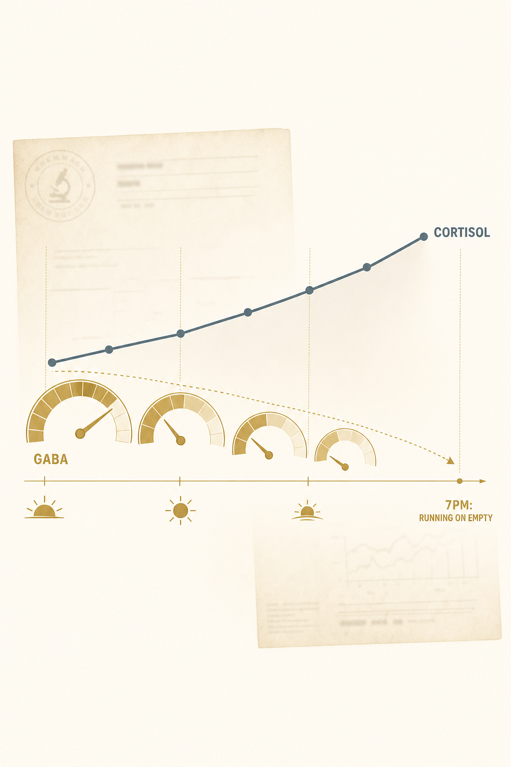 Editorial infographic of an evening timeline where a champagne-gold GABA calm-signal gauge drains toward empty by 7pm while a muted-slate cortisol line climbs over it, no people and no product