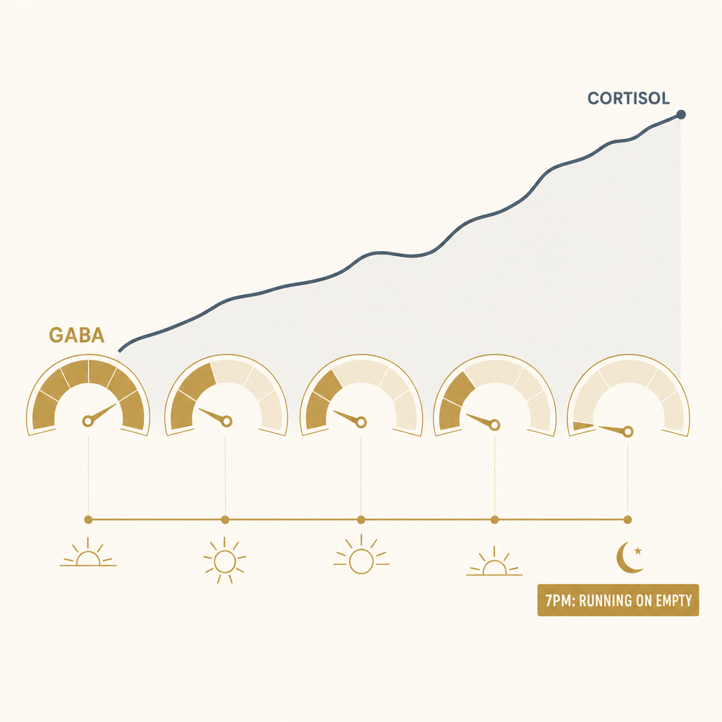 Editorial infographic showing the GABA calm-signal gauge draining as the cortisol line rises across the day, nearly empty by 7pm, the drained signal behind the evening reach, no people