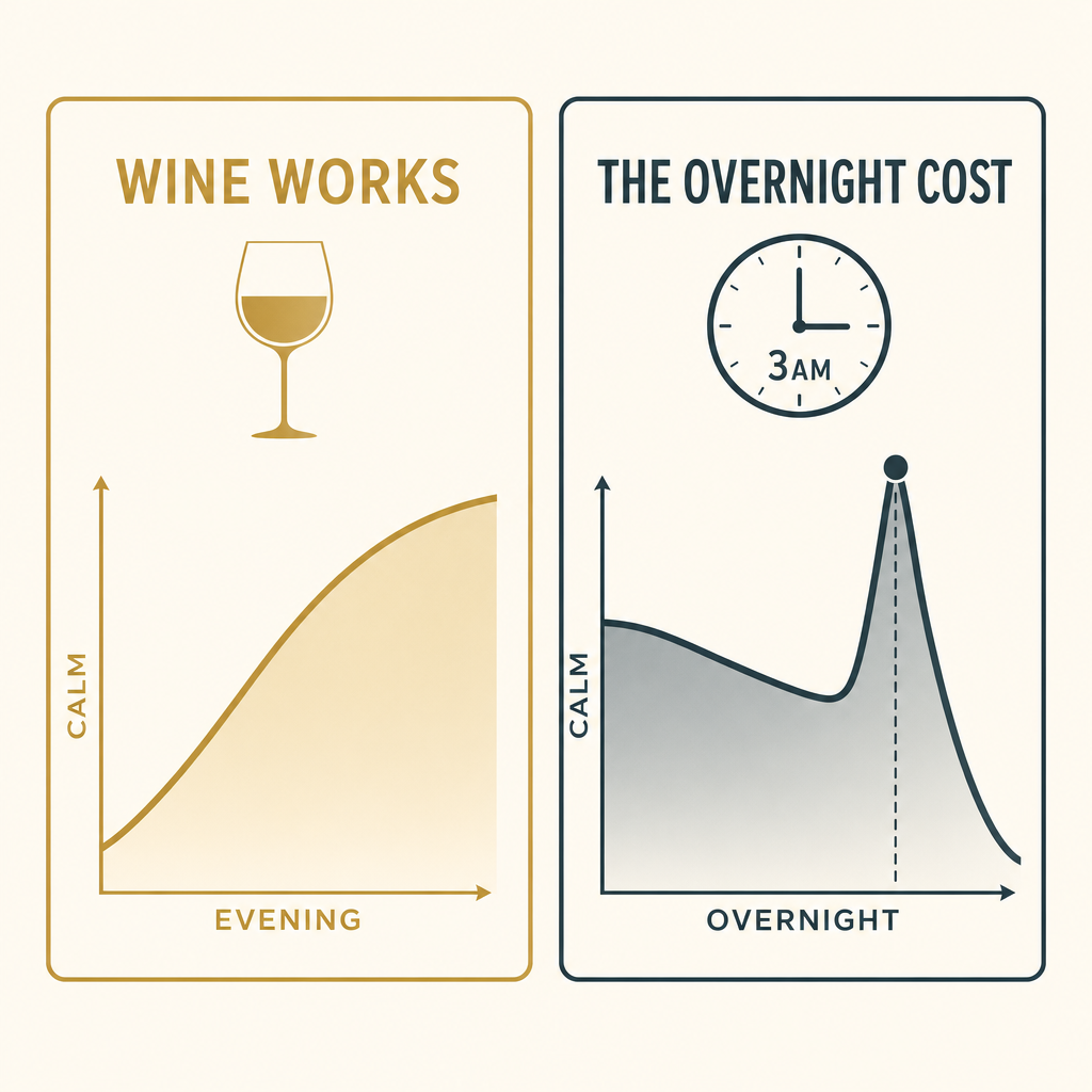 Two-panel infographic contrasting a warm gold wine-works calm curve against a cool slate panel where the curve spikes at a 3am clock, the borrowed-calm rebound cost