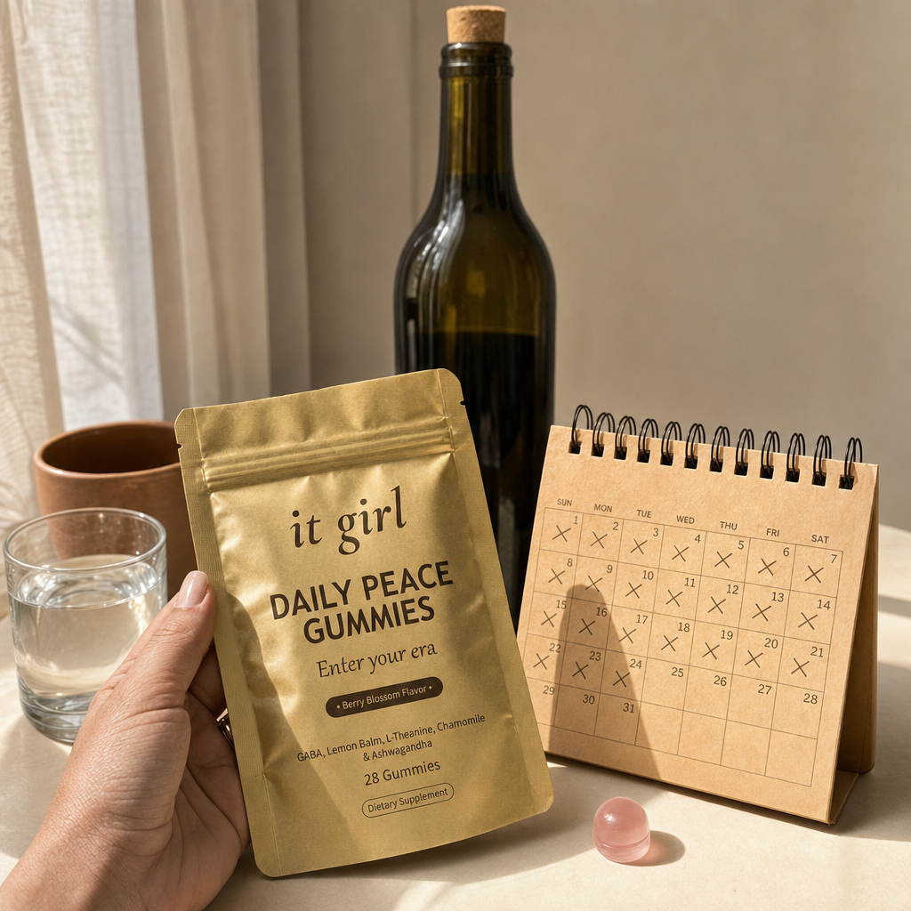 The palm-sized Daily Peace pouch beside a month calendar and a single bottle of wine, a whole month of calm for less than one bottle