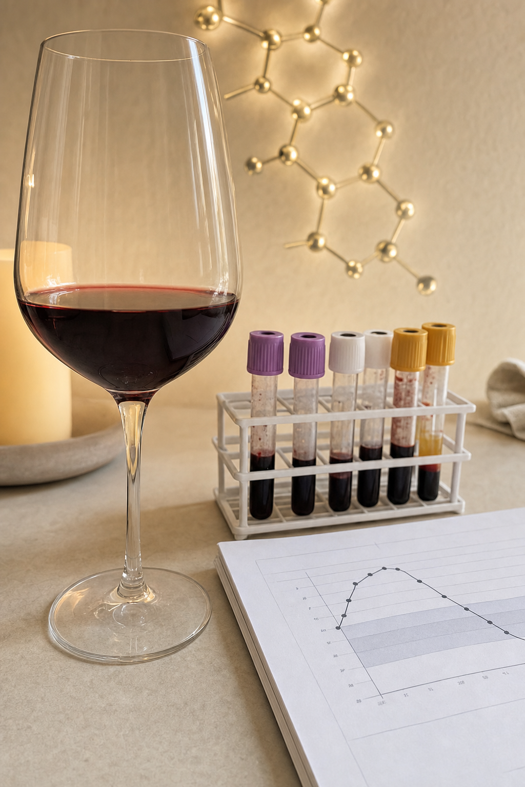 An editorial still visualizing the headline, a glass of red wine beside a rack of labeled blood-sample vials and a cortisol bloodwork chart with a faint gold molecule above, the bloodwork behind the wine reach