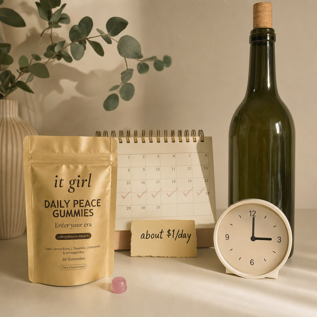 A cost comparison still life, the gold It Girl Daily Peace pouch with a month calendar and an about-a-dollar-a-day tag on one side against one bottle of wine and a bedside clock reading 3:00 on the other
