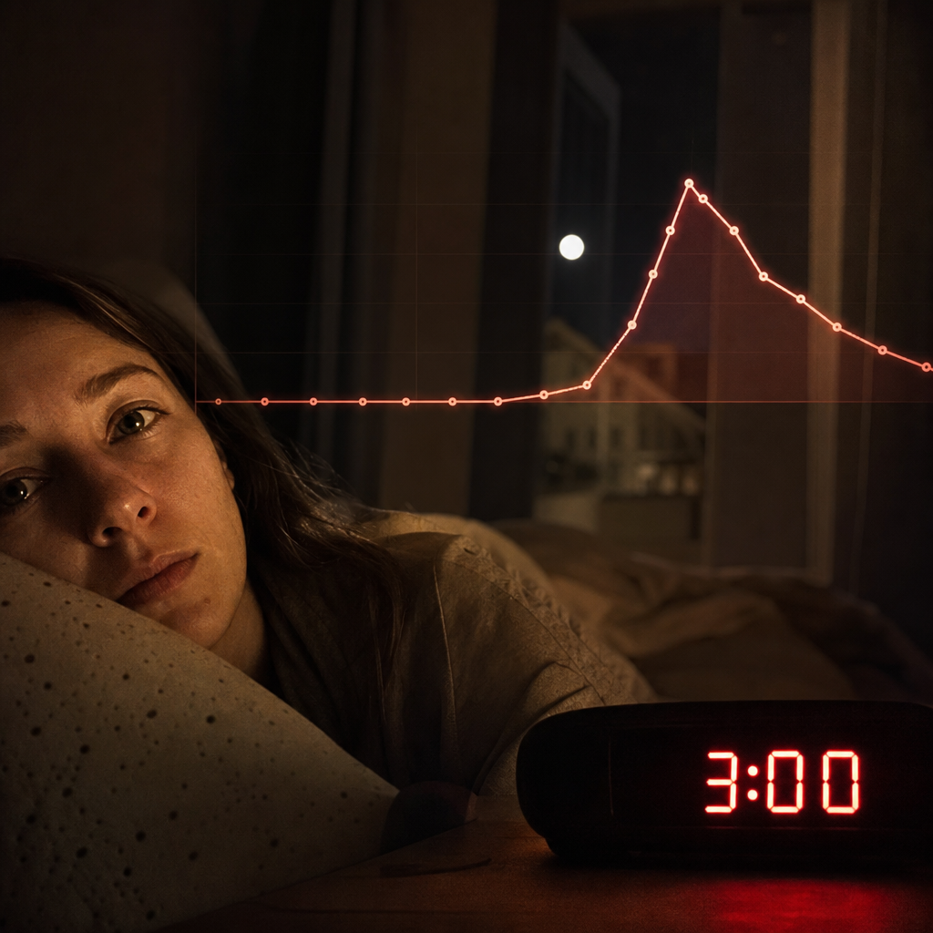 Medical-investigation still of a dark bedroom, a glowing bedside clock reading 3:00 and a faint sleep-study line showing a calm evening then a cortisol rebound spike overnight