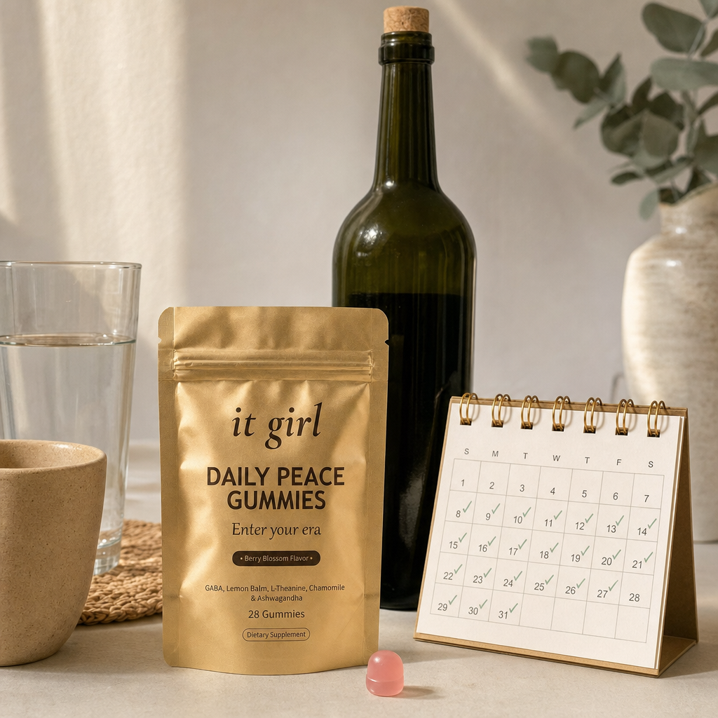 Warm still-life of the palm-sized It Girl Daily Peace pouch beside a month calendar and one corked unbranded bottle of wine, showing a whole month of calm costs less than one bottle