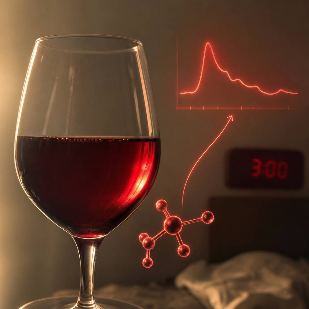 Macro of a wine glass alone in dramatic side light, a red ethanol molecule diagram floating beside it and a red arrow curving up to a small overnight cortisol rebound graphic and a 3am clock