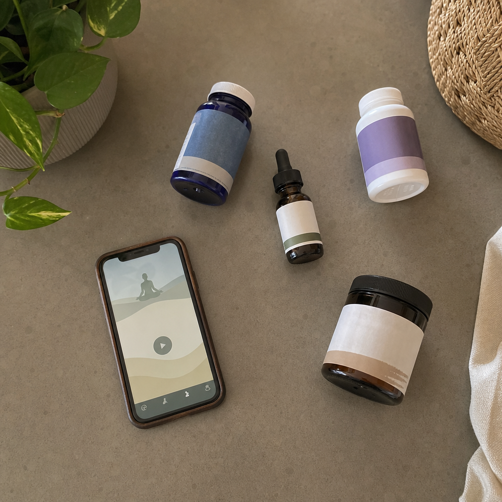 Overhead flat-lay of the swaps that missed, a magnesium bottle, a melatonin bottle, a CBD oil dropper, a phone showing a meditation app, and a generic ashwagandha jar, each pushed aside, no It Girl product yet