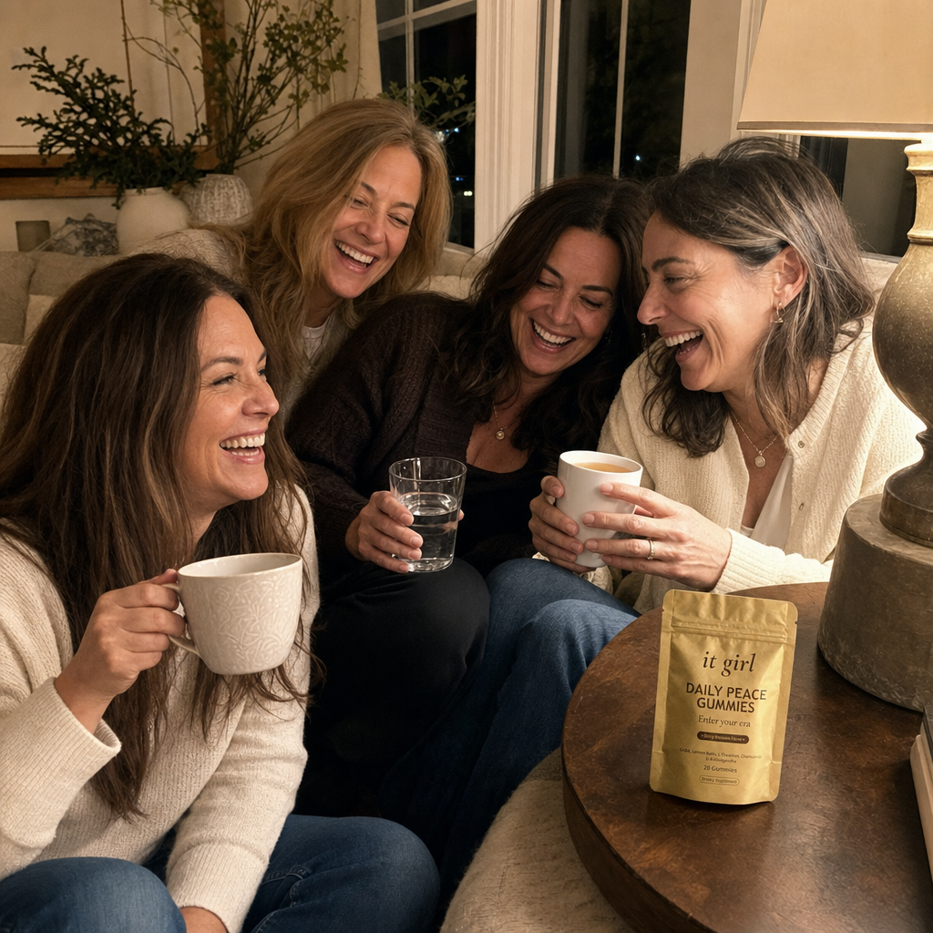Warm candid group of relaxed women in their forties and fifties laughing together in an evening living room with tea and water, a gold It Girl Daily Peace pouch resting nearby