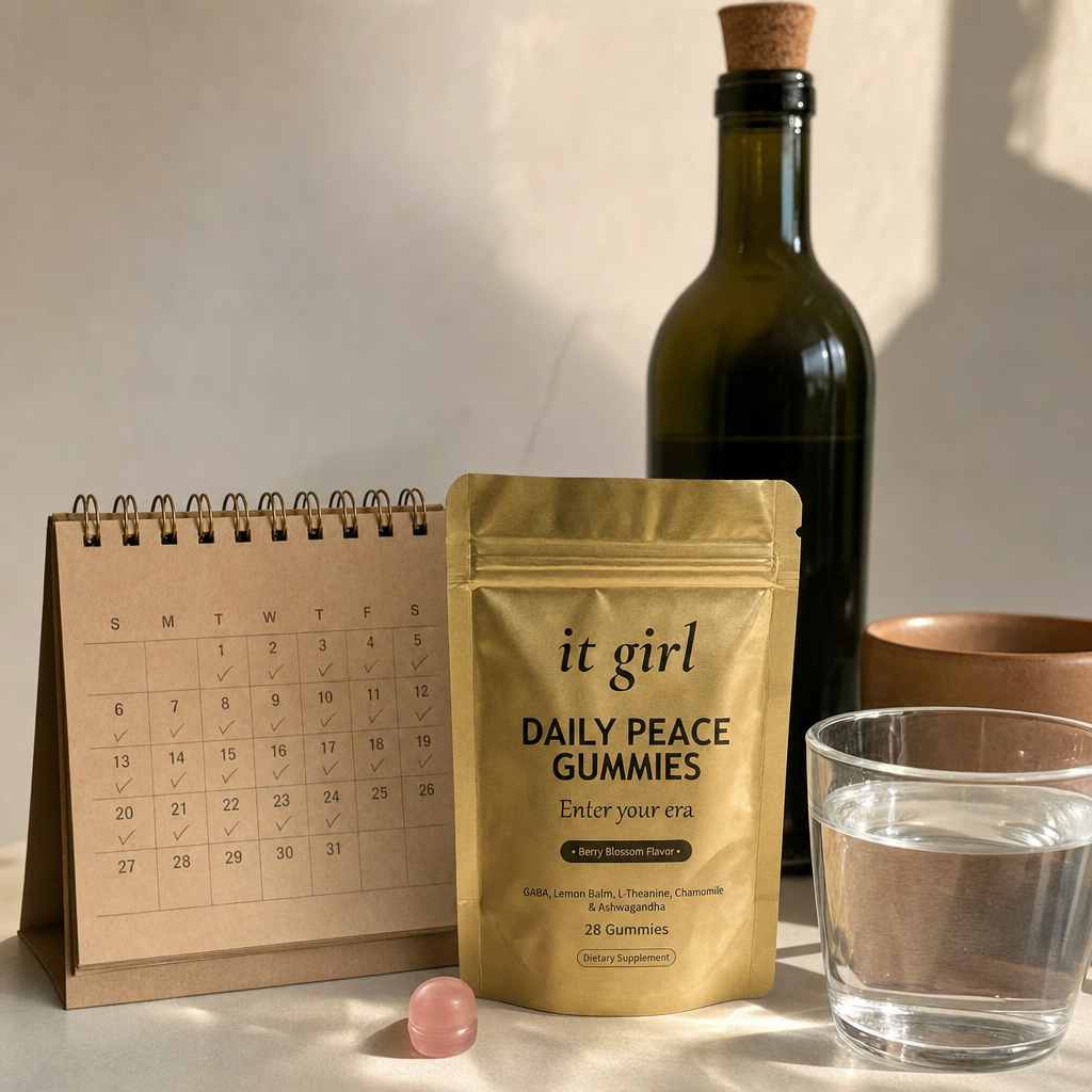 Warm still-life of the palm-sized It Girl Daily Peace pouch beside a month calendar and one corked unbranded bottle of wine, showing a whole month of calm costs less than one bottle