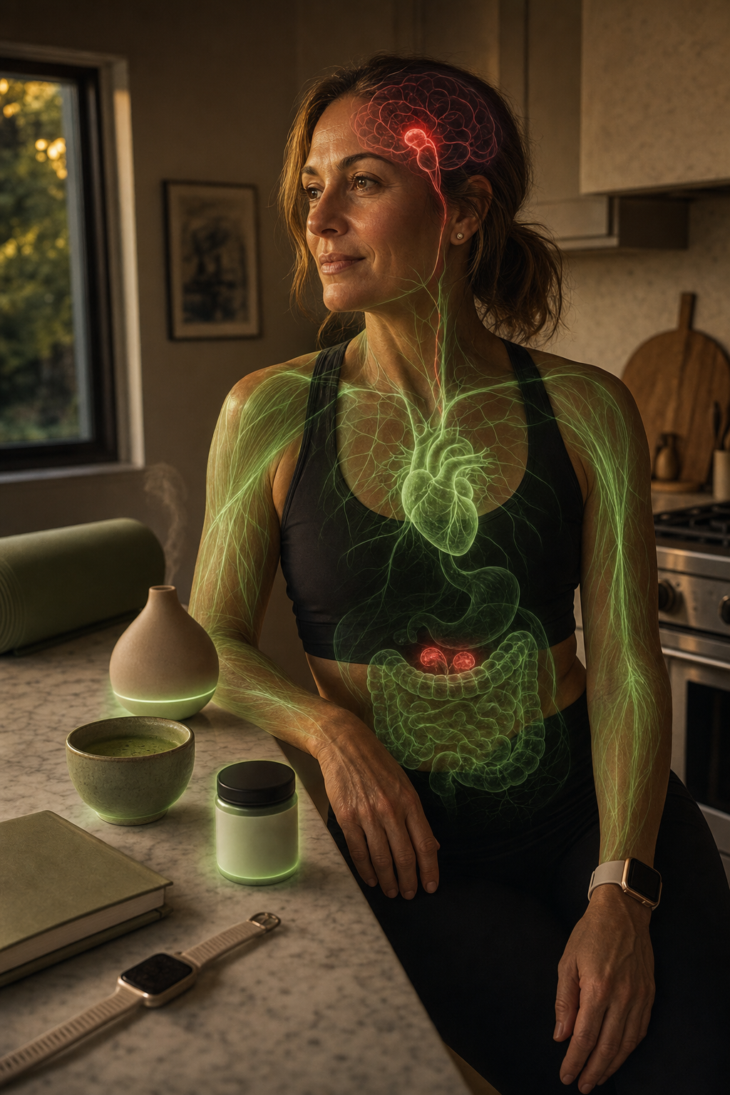 A post-workout woman at her kitchen island in the evening, an anatomical overlay glowing calm green through heart, gut, and muscle while only the cortisol and GABA pathway glows red through her brain and adrenals, the one system her whole wellness routine never reached