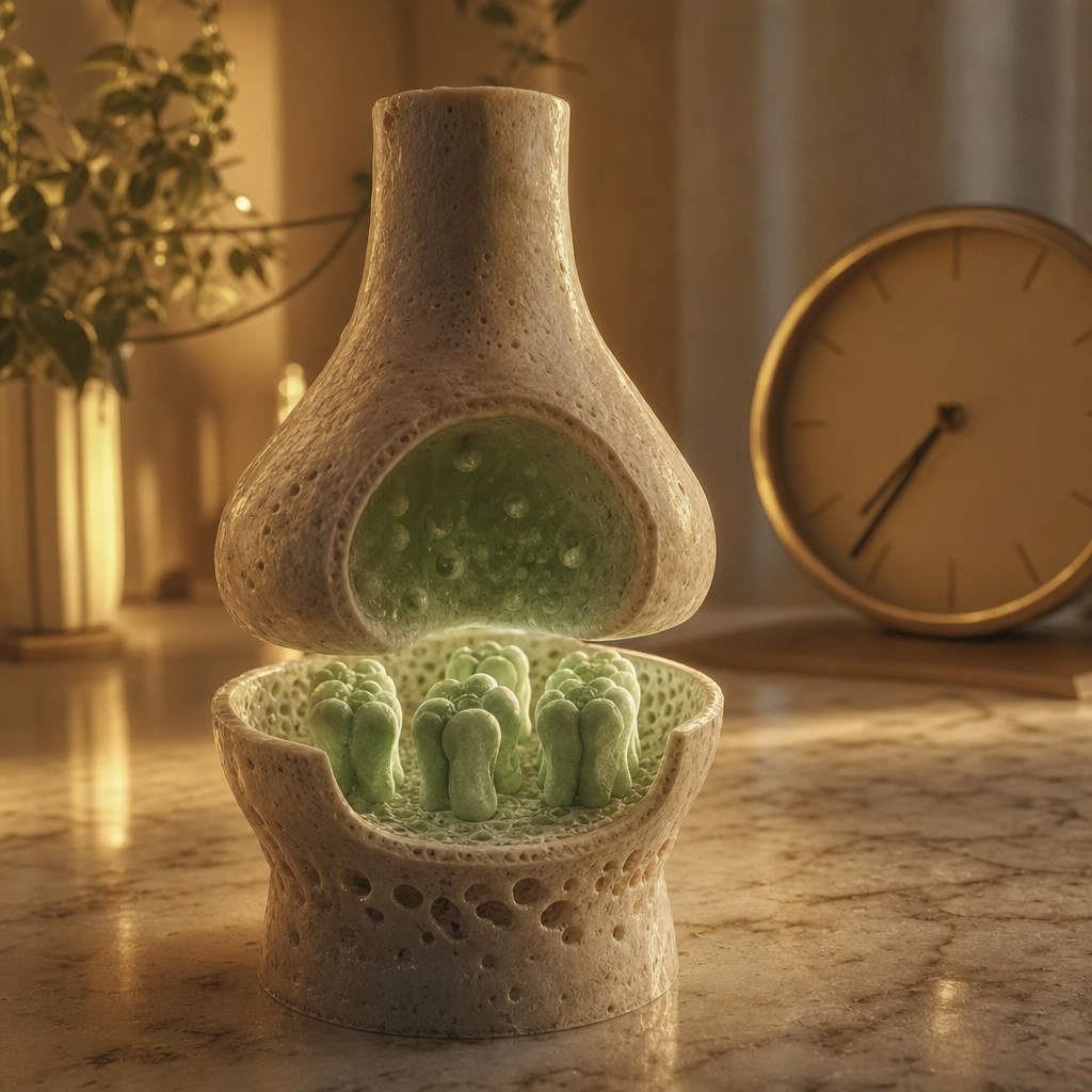 A calm green GABA-A receptor cross-section glowing softly, the nervous system's own calm brake running low by evening, an editorial investigation still