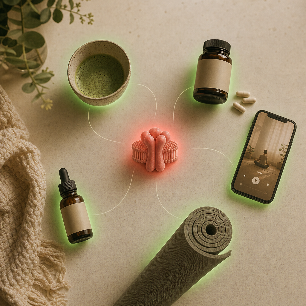 A woman's wellness props on a counter each haloed green, matcha, a magnesium jar, a meditation app on a phone, a rolled yoga mat, all working around the body while a single red GABA-A receptor sits untouched in the center