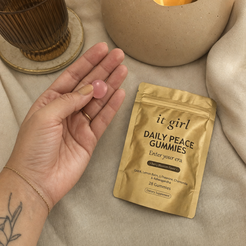 Hand holding a Daily Peace gummy beside the open pouch, GABA plus KSM-66 ashwagandha refilling the off-switch