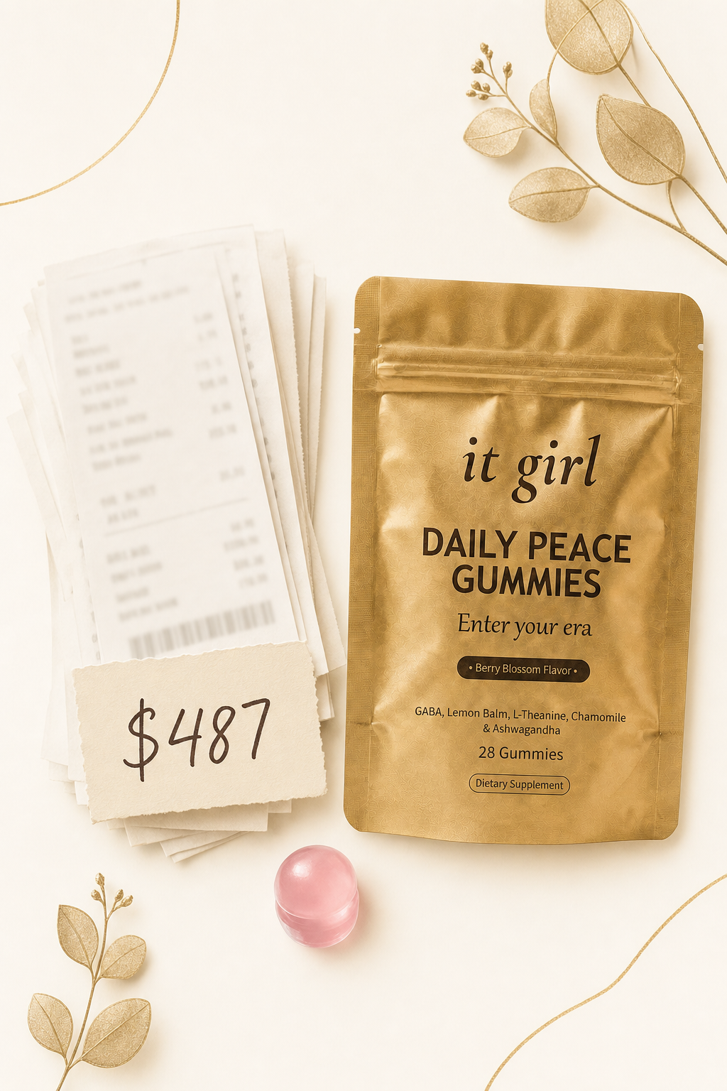 Flat editorial graphic card on cream listing two years of stress-supplement receipts adding to four hundred eighty-seven dollars beside a single gold It Girl Daily Peace pouch, the investigation's answer