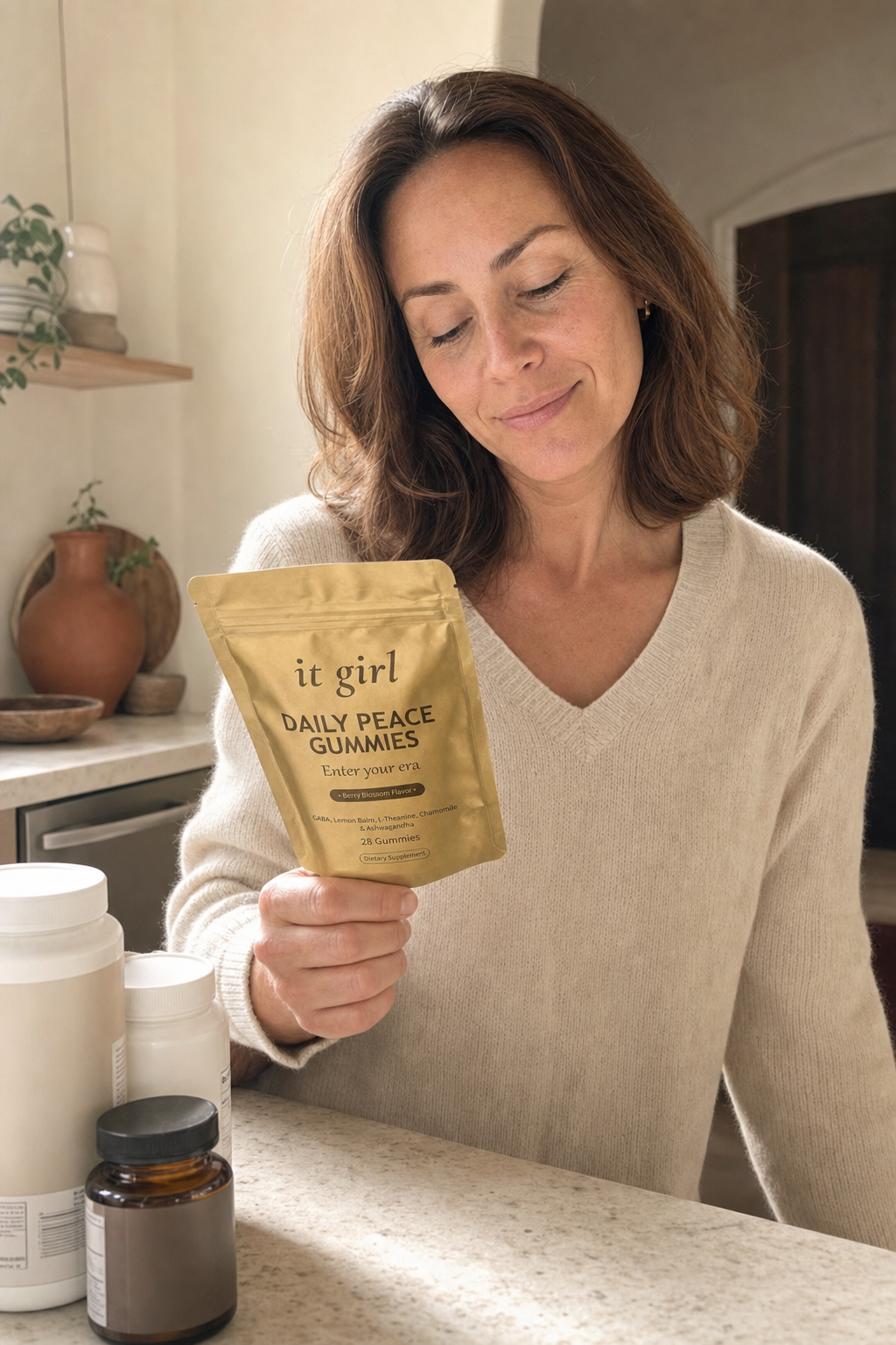 Composed put-together woman in her late thirties at a cream kitchen counter calmly reading the back of a supplement label, the abandoned underdosed jars set aside, soft warm daylight