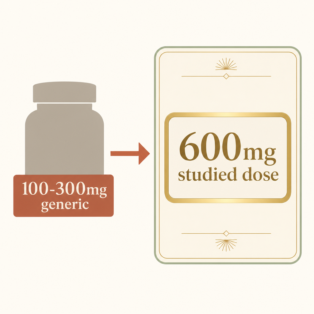Editorial graphic card on cream comparing a generic ashwagandha jar marked 100 to 300mg against a card reading the studied dose 600mg KSM-66, the milligram gap shown plainly