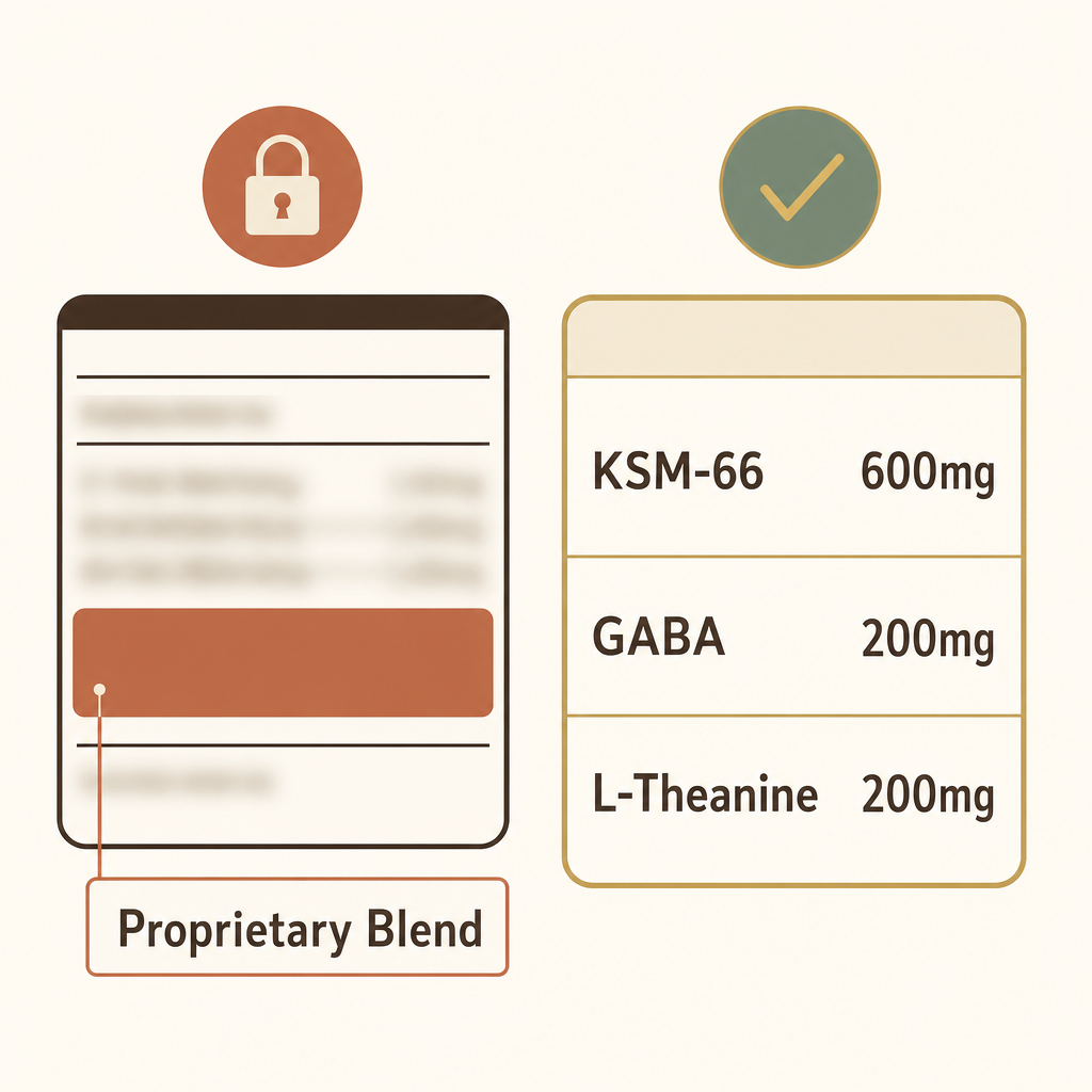 Cream flat-lay of the swaps that missed, a magnesium bottle, a melatonin bottle, a meditation app on a phone, a generic ashwagandha jar, with the gold Daily Peace pouch set forward and chosen
