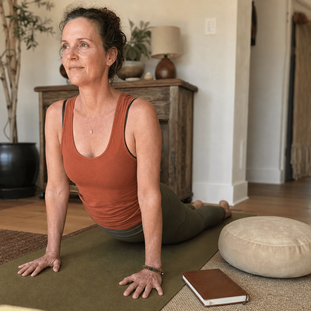 Woman 40 to 55 on her yoga mat in warm morning light, composed and capable, the years of practice she kept doing in good faith