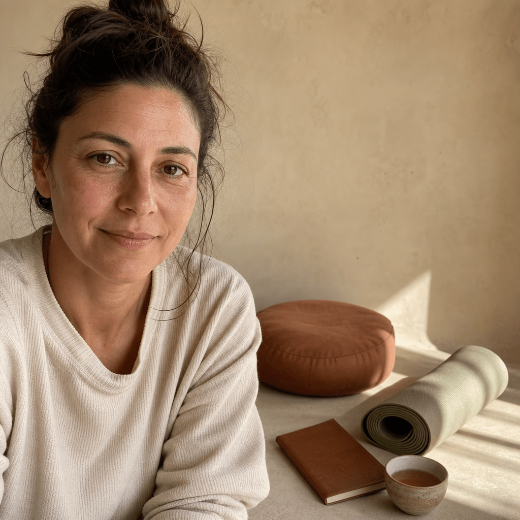 Calm still life of a set-aside yoga mat, meditation cushion and closed journal on a cream surface, the regulating practices that work on state but cannot carry a dose