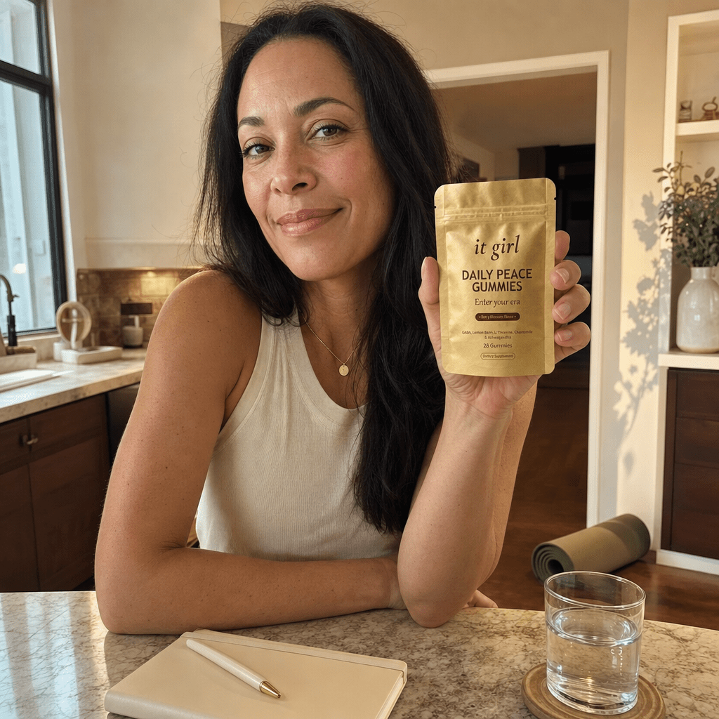 Relieved woman 40 to 55 at her kitchen counter in evening light holding the gold It Girl Daily Peace pouch, the studied 600mg dose she added under the practice